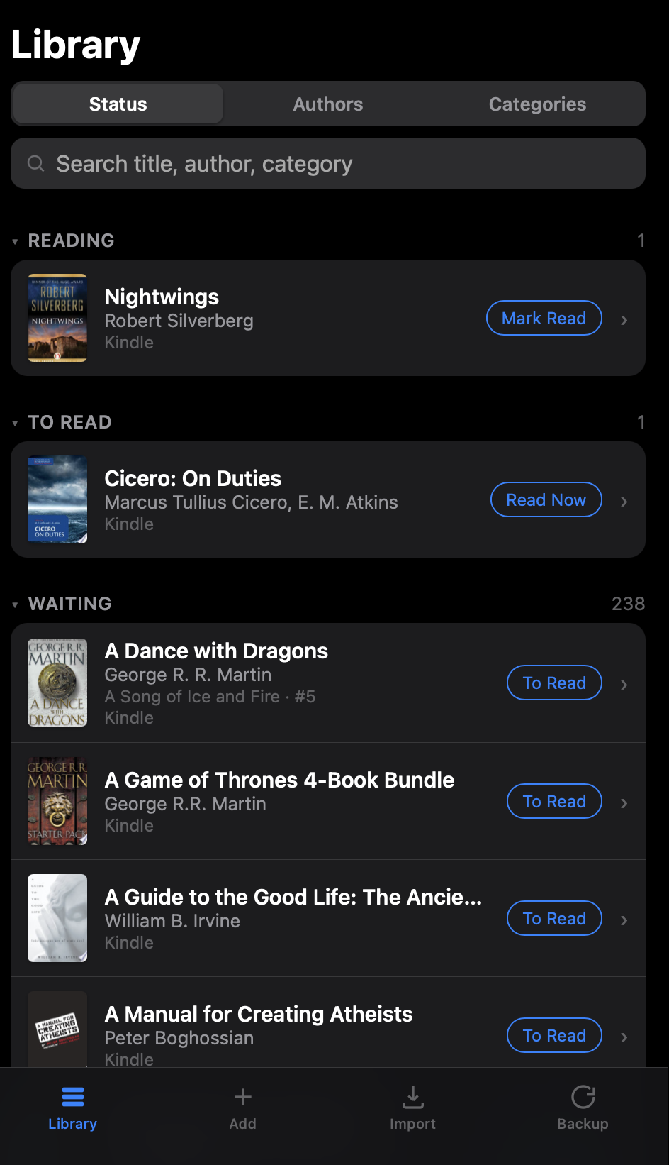 MyBooks list view, grouped by reading status with search and quick actions